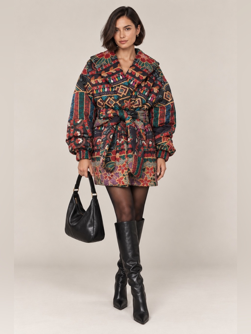 Farm Rio Printed Kimono Puffer Jacket L Boho Maximalist Quilted Statement